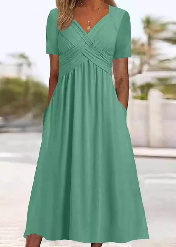 New Green V Neck Pockets Solid Cotton Long Dress Summer QA026 Tunics Designer luxury
