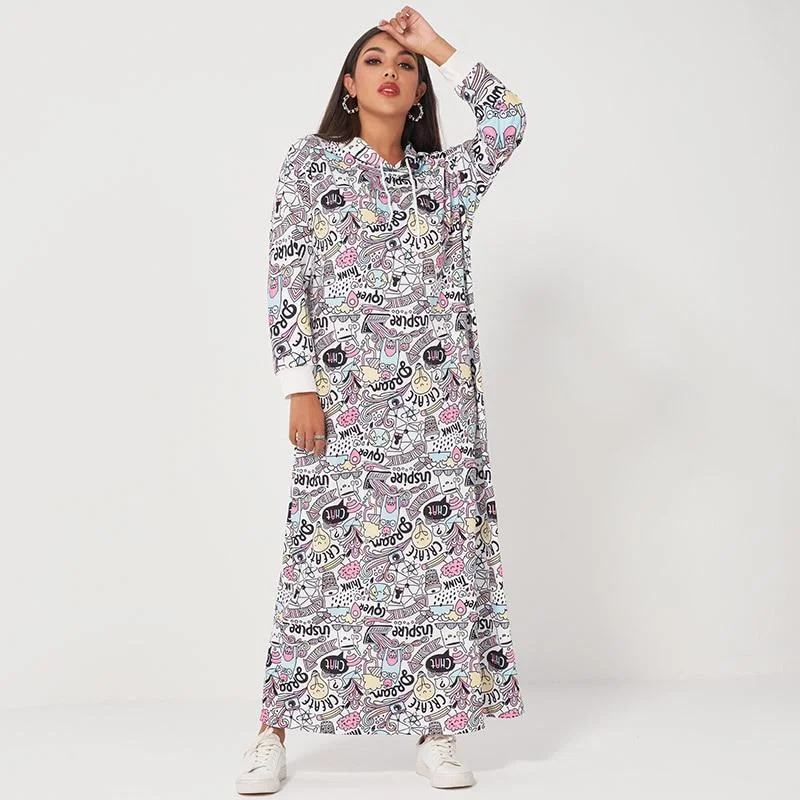 FashionSierra - Ladies fashion letters graffiti printing long drawstring hooded loose casual sports sweater dress Sequined Glittery Shiny