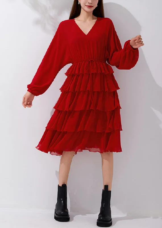 New Red V Neck Elastic Waist Chiffon Pleated Dresses Fall AM1019 Tunics Running lightweight