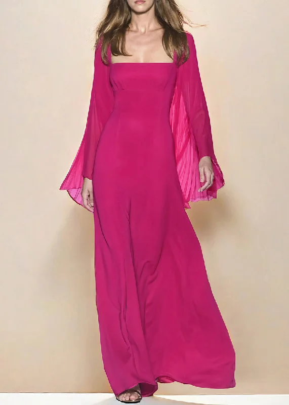 New Rose Square Collar Wrinkled Chiffon Long Dresses Fall AM1012 Tunics Occasion special
