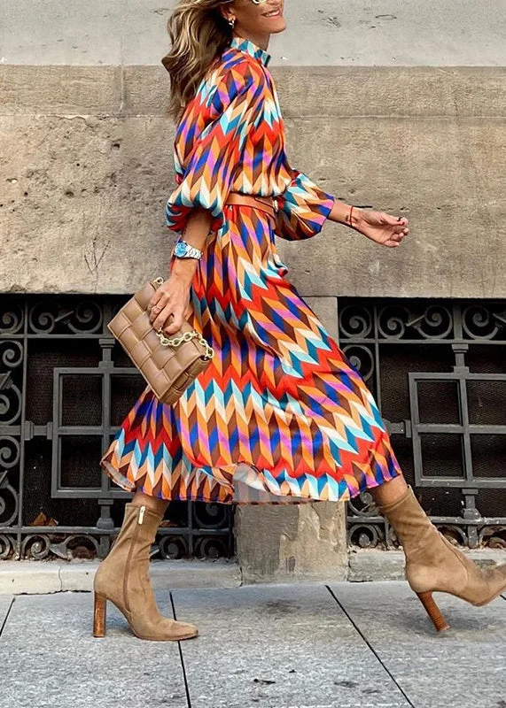 New Stand Collar Geometric Print Cotton Long Dresses Lantern Sleeve QR011 Tunics Luxurious high-end