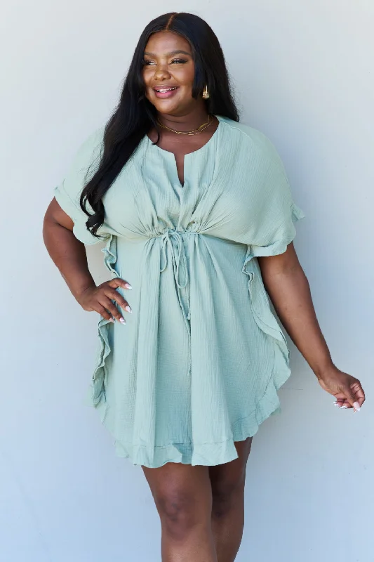 Ninexis Out Of Time Full Size Ruffle Hem Dress with Drawstring Waistband in Light Sage Tunics Long Elegant Ninexis Out Of Time Full Size Ruffle Hem Dress with Drawstring Waistband in Light Sage Tunics Long Elegant