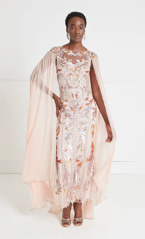 Novella Embellished Cape Gown - Rosewater Halter Neckline Beach