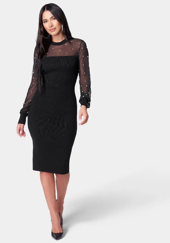 Pearl Mesh Midi Sweater Dress Polka Dot Checkered Tartan