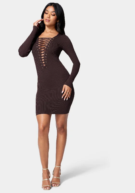 Plunge Neck Lace Up Sweater Dress Terry Terry Cloth Terry Knit