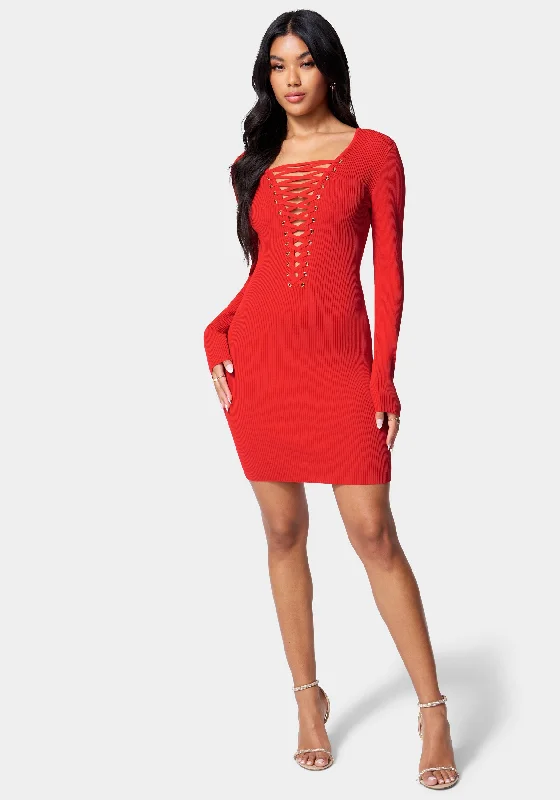 Plunge Neck Lace Up Sweater Dress Slim Fit Regular Fit Oversized