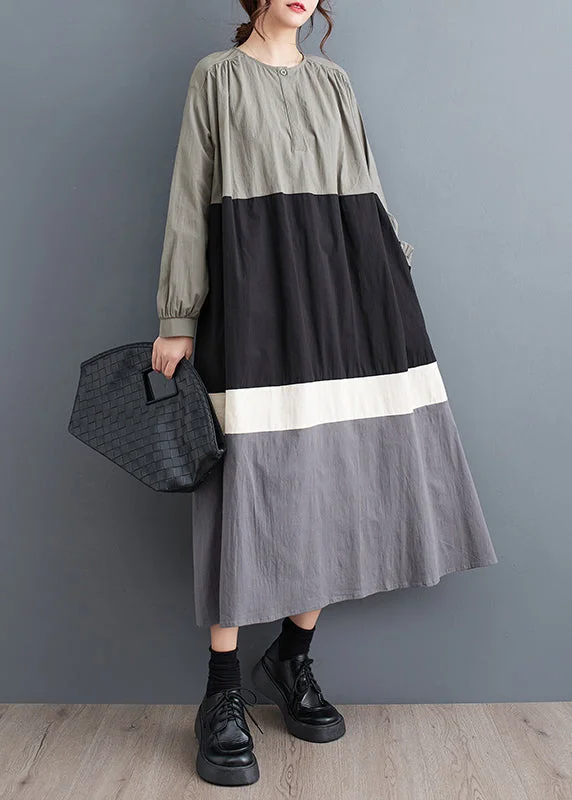 Plus Size Black O Neck Patchwork Cotton Long Dress Fall QA056 Tunics Occasion special