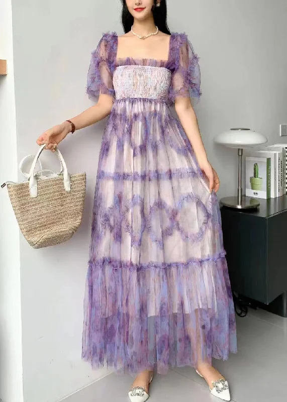 Princess Purple Square Collar Ruffled Print Tulle Long Dress Summer AZ1006 empire Waist empire