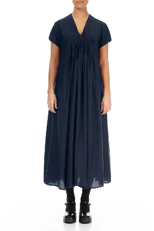 Romantic Midnight Blue Silk Bamboo Dress Boatneck Modish Everyday