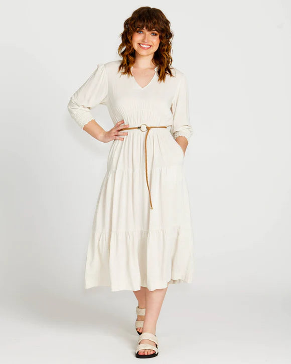 SASS PORTIA ELASTIC WAISTED FLOWY DRESS OATMEAL Square Neckline Feminine