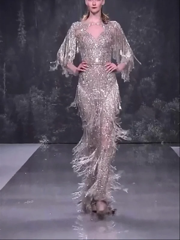 Sexy fringed long dress Crew Neckline Sporty