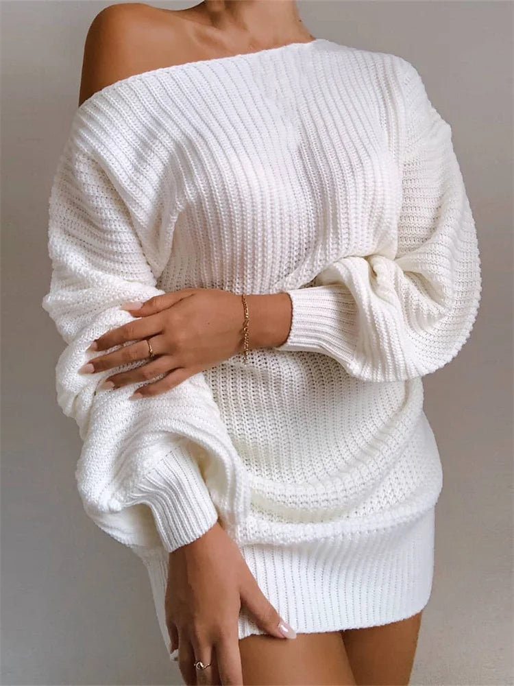 FashionSierra - Sexy Off Shoulder Solid Color Long Sleeve Sweater Mini Dress Satin Blend Silk Blend Wool Blend