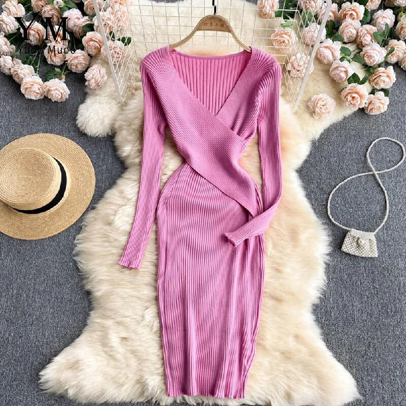Sexy Pink V-neck Cross Slim Waist Long Sleeve Knit Sweater Dress AR1018 Front Pockets Side Pockets Patch Pockets Sexy Pink V-neck Cross Slim Waist Long Sleeve Knit Sweater Dress AR1018 Front Pockets Side Pockets Patch Pockets