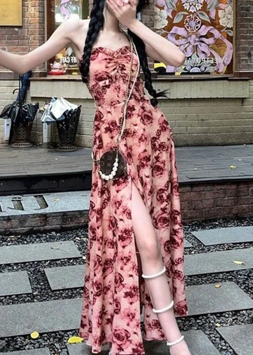 Sexy Red Ruffled Lace Up Print Cotton Long Dresses Sleeveless AZ1050 Tunics Fashionable chic