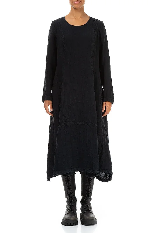 Side Buttons Midnight Blue Mélange Linen Dress Tunics Polka dots