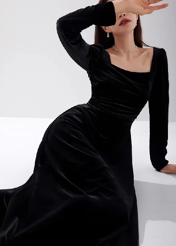 Slim Fit Black Square Collar High Waist Velour Dress Fall AM1015 Tunics Party sparkling