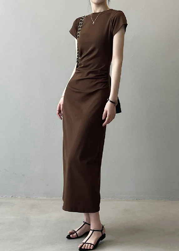 Slim Fit Coffee Solid Cotton Long Dresses Summer QE006 A-Line Day Work