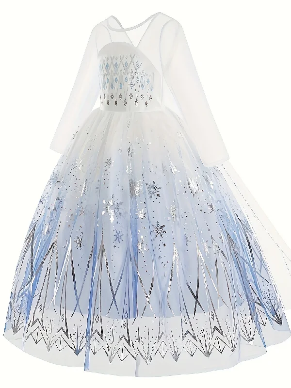 Snowflake Pattern Long Sleeve Mesh Dress With Cape For Girls, Cute Birthday Performance Dress Princess Suit Party Gift, Girls' Clothing Tunics Cozy comfortable