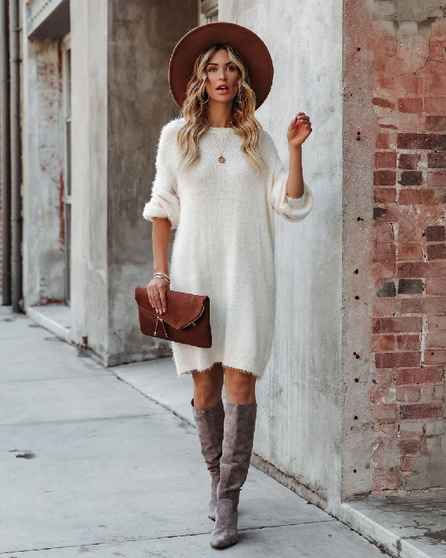 So In Love Knit Sweater Dress - Ivory - FINAL SALE Hooded Sweater Collared Sweater Shawl Collar