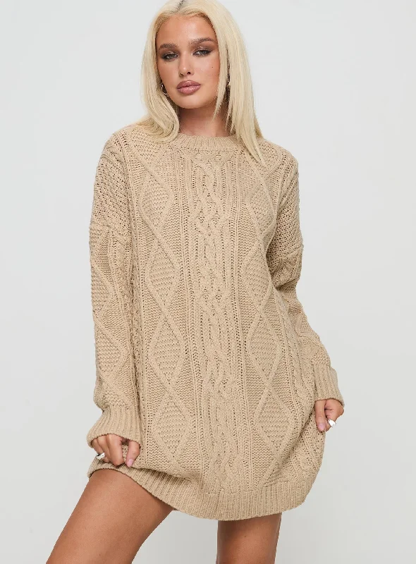 Stellon Knit Sweater Mini Dress Latte Open Front Closed Front Wrap Front