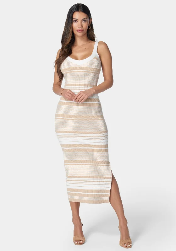 Striped Sweater Midi Dress Front Pockets Side Pockets Patch Pockets