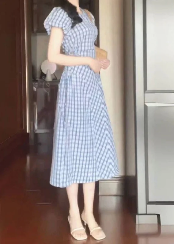 Style Light Blue O-Neck Plaid Tie Waist Long Dress Short Sleeve AZ1023 Casual Short Summer