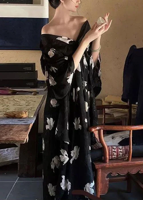 Stylish Black V Neck Print Chiffon Long Dress Half Sleeve QP027 Tunics Stylish elegant