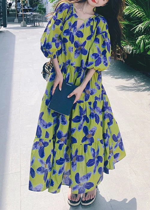Stylish Green Print Patchwork Chiffon Long Dresses Half Sleeve QP037 Tunics Versatile functional