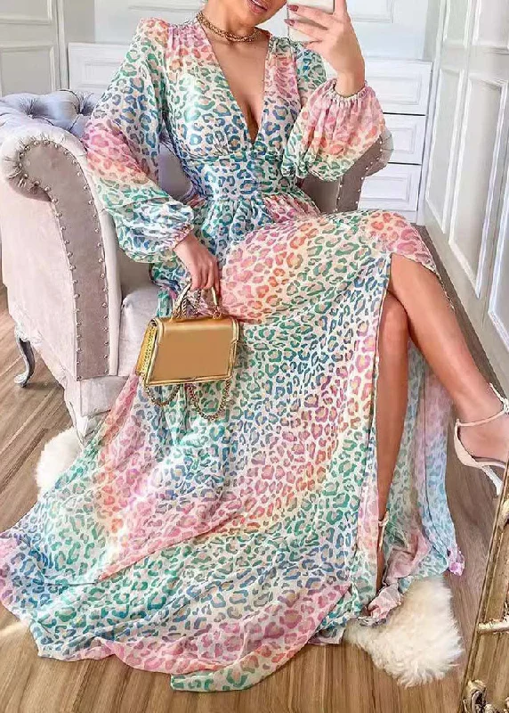 Stylish Leopard V Neck Side Open Cotton Long Dress Lantern Sleeve QR028 Pencil Office Professional