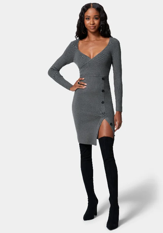 Surplice Button Midi Sweater Dress Mesh Blend Leather Blend Suede Blend
