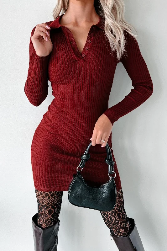 That's Fine By Me Long Sleeve Polo Sweater Dress (Wine) Layered Multi-layer Single Layer That's Fine By Me Long Sleeve Polo Sweater Dress (Wine) Layered Multi-layer Single Layer