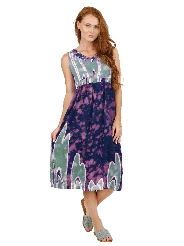 Purple Celedon Abstract Print Empire Waist Dress Tunics Satin smooth