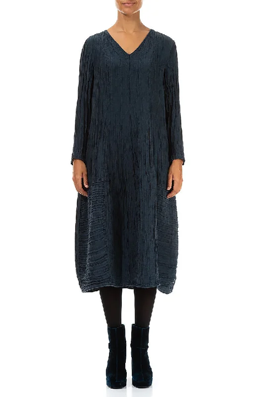V-Neck Crinkled Midnight Blue Silk Linen Dress Turtleneck Neckline Stylish