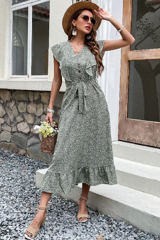 V Neck High Waist Green Summer Dress Square Neckline Feminine