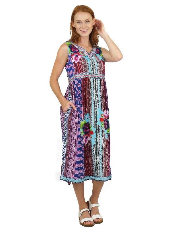 V-Neckline Empire Waist Border Print Dress Tunics Fleece cozy