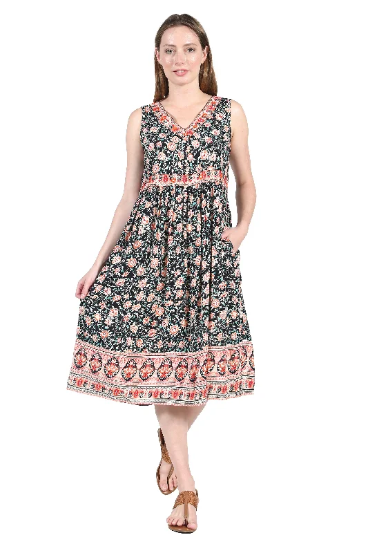 V-Neckline Empire Waist Border Print Dress Tunics Print Colorful
