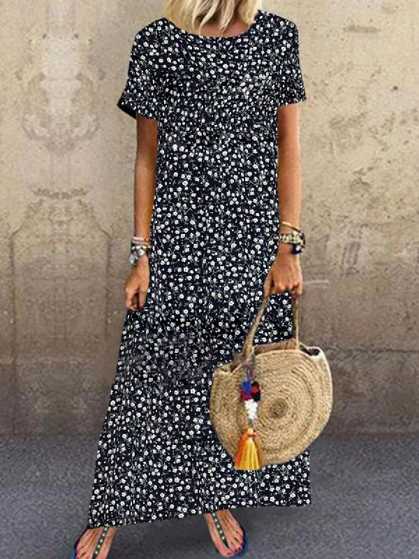 Vintage Casual Loose Short Sleeve Print Long Dress Tunics Fashionable trendy