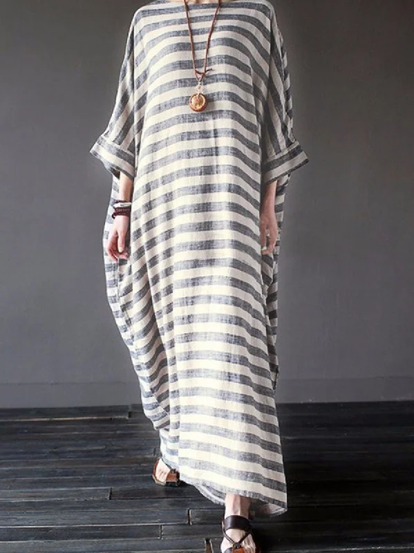 Vintage Cotton and Linen Striped Robes Literary Loose Long Dress Crew Neckline Casual