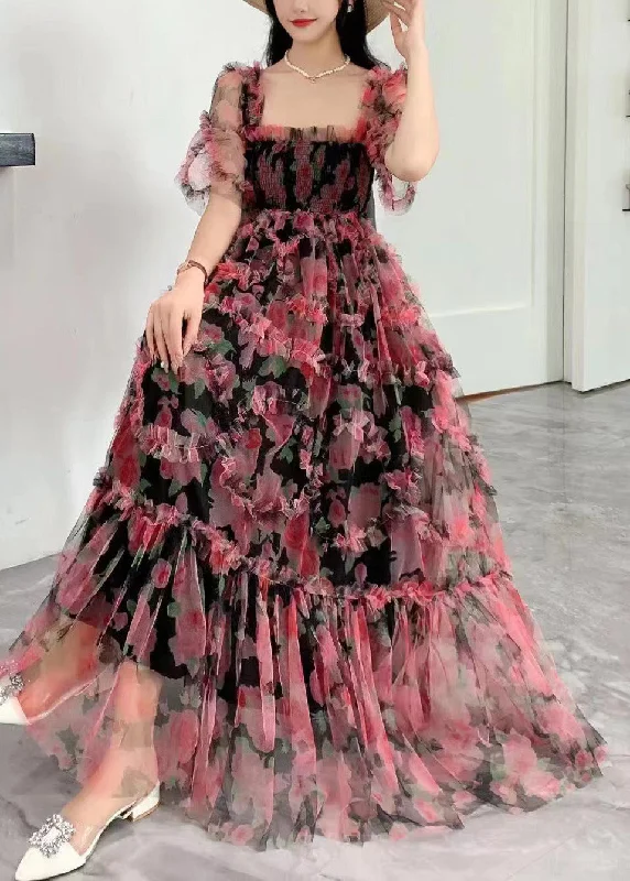 Vogue Black Square Collar Ruffled Print Tulle Long Dress Summer AZ1011 Maxi Flowy Bohemian