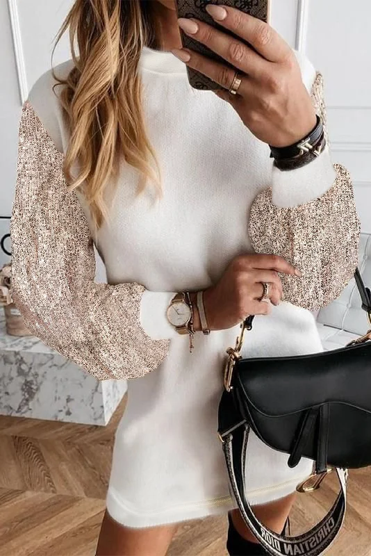 White Sequin Puff Sleeve Shift Mini Long Sleeve Sweater Dress Wool Sweater Cotton Sweater Cashmere Sweater White Sequin Puff Sleeve Shift Mini Long Sleeve Sweater Dress Wool Sweater Cotton Sweater Cashmere Sweater