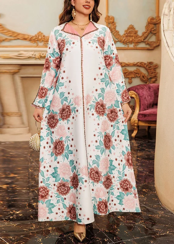 White Side Open Patchwork Fall Long Dress Print QL012 Turtleneck Neckline Stylish
