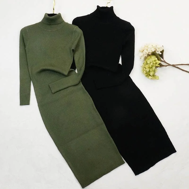 Winter Knitted Turtleneck Sweater Dress Sequined Glittery Shiny