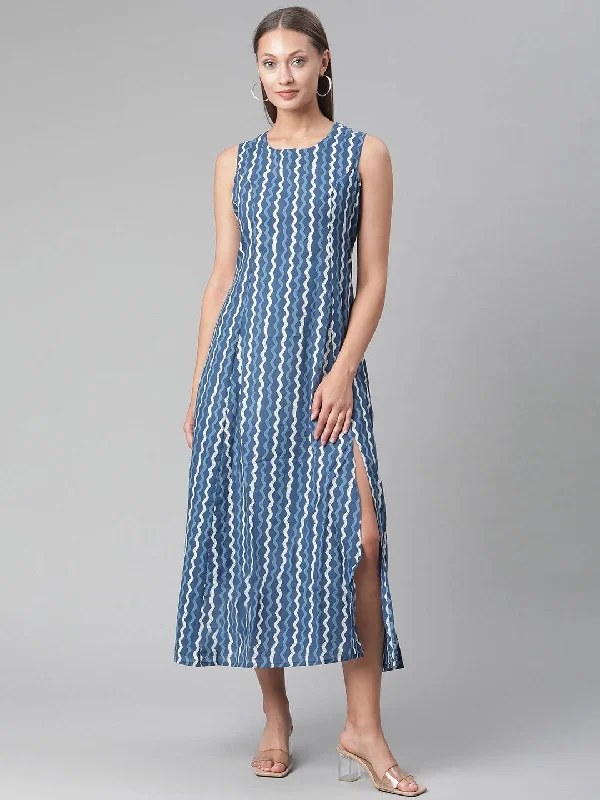 Women's Blue Cotton Long Dress - Noz2Toz Tunics Timeless classic