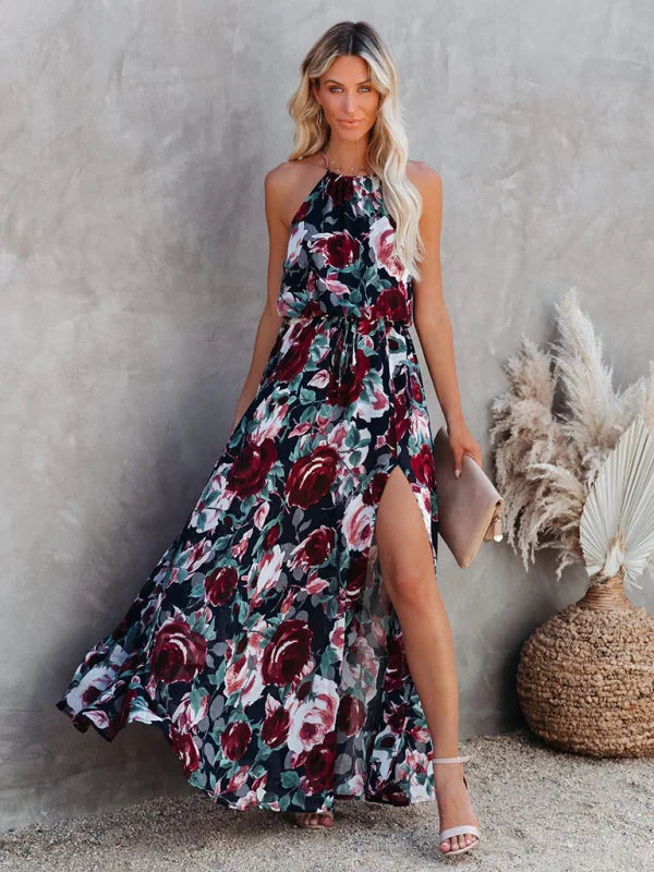BerryBetty - Women's Flower Print Halter Neck Large Swing Beach Dress Long Dress Off-the-shoulder Chic Trendy
