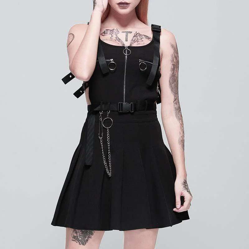 Women's Goth Front Zipper Black Slip Dress with Waist Chain Tunics Winter warm