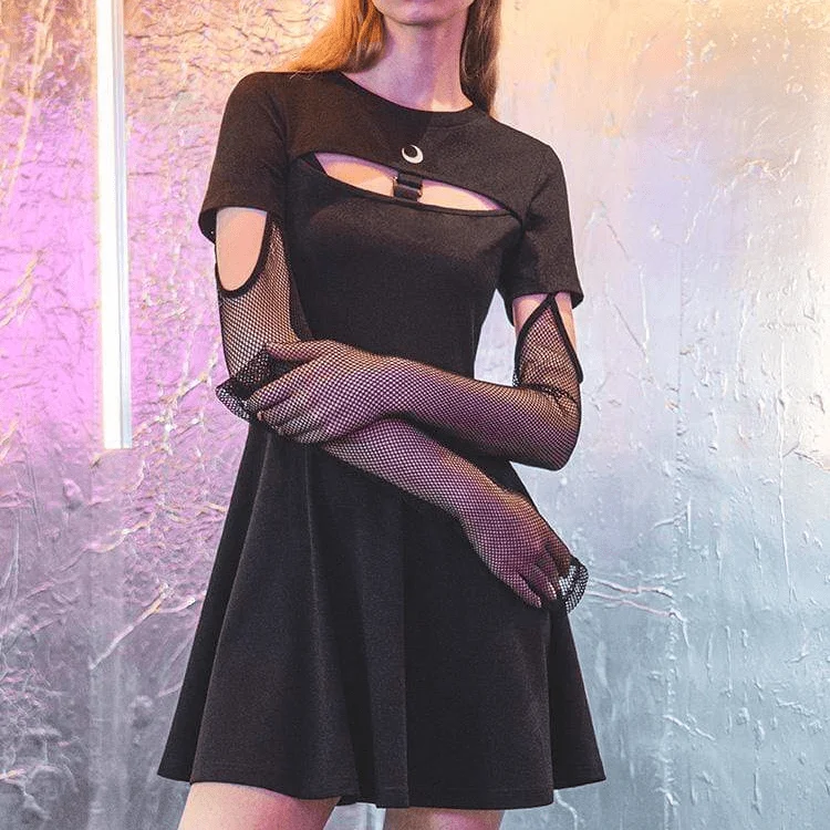 Women's Punk Moon Printed A-line Dresses With Detachable Mesh Gloves Tunics Sophisticated sleek