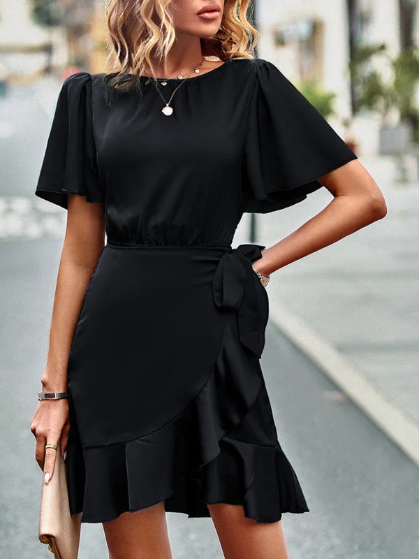 BerryBetty - Women's Solid Color Ruffle Tie Waist Dress Tunics Sophisticated sleek