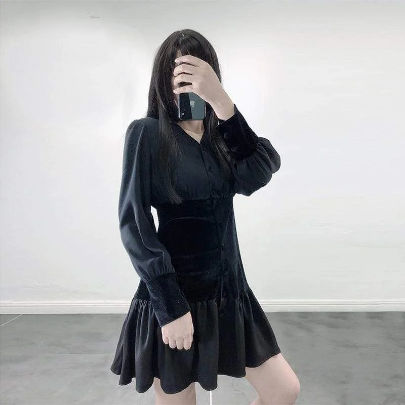 Women's Vintage Puff Sleeved Velvet Slinky Waist Dresses Tunics Versatile all-occasion