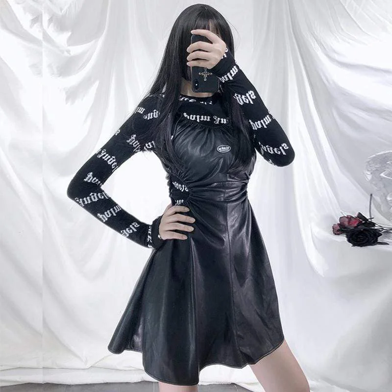 Women's Waist Hollowed Faux Leather Slip Dresses Tunics Sale discount