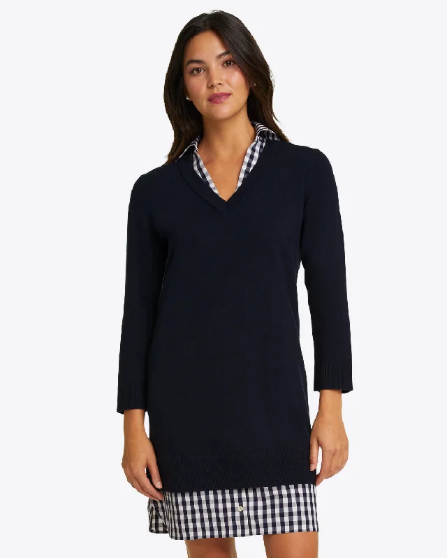 Wool and Cotton Combo Sweaterdress in Navy Solid Print Embellished
